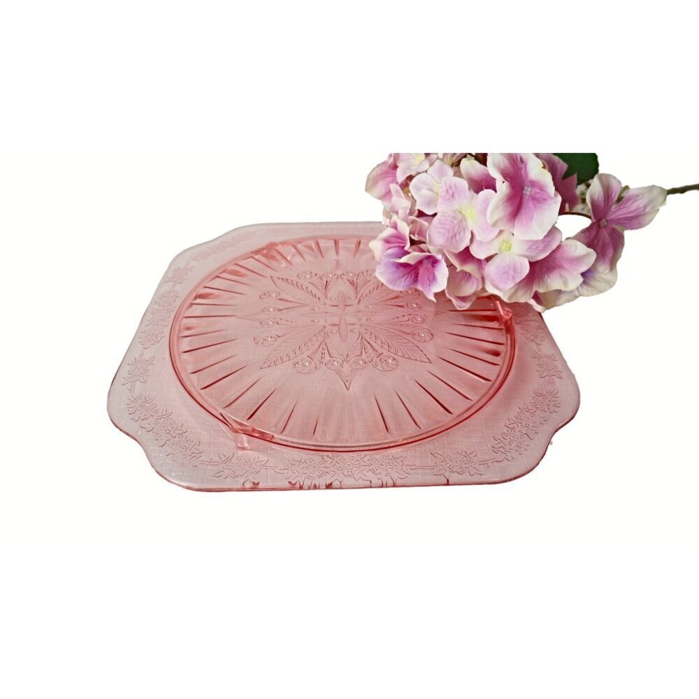 Vintage Pink Depression Glass Adam Cake Plate Anchor Hocking 1930s